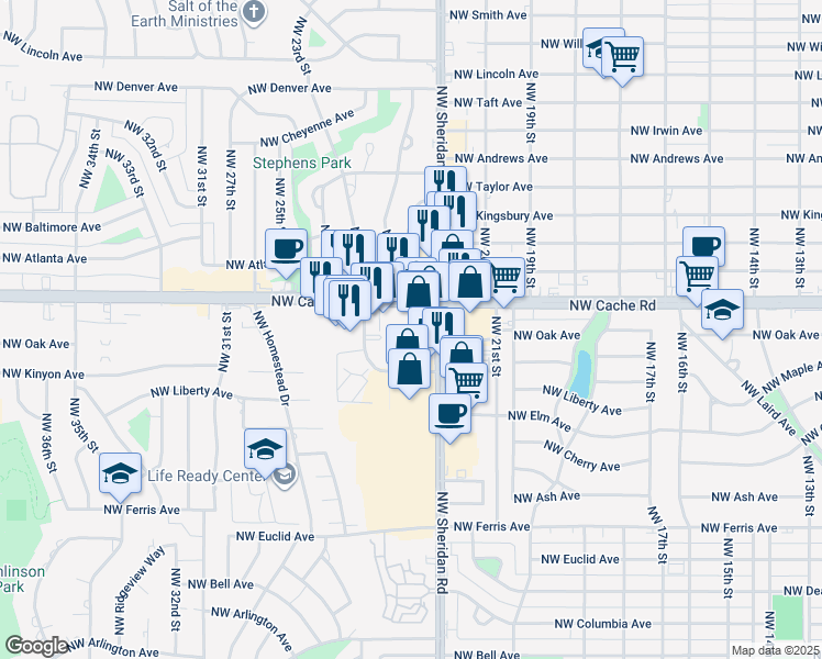 map of restaurants, bars, coffee shops, grocery stores, and more near 1316 Northwest 24th Street in Lawton