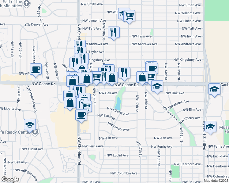 map of restaurants, bars, coffee shops, grocery stores, and more near 1905 Northwest Oak Avenue in Lawton