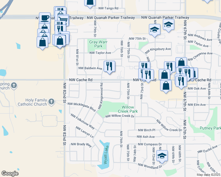 map of restaurants, bars, coffee shops, grocery stores, and more near 7506 Northwest Grensted Lane in Lawton