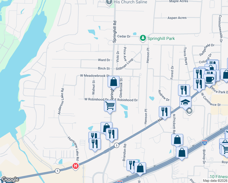 map of restaurants, bars, coffee shops, grocery stores, and more near 3014 Springhill Road in Bryant