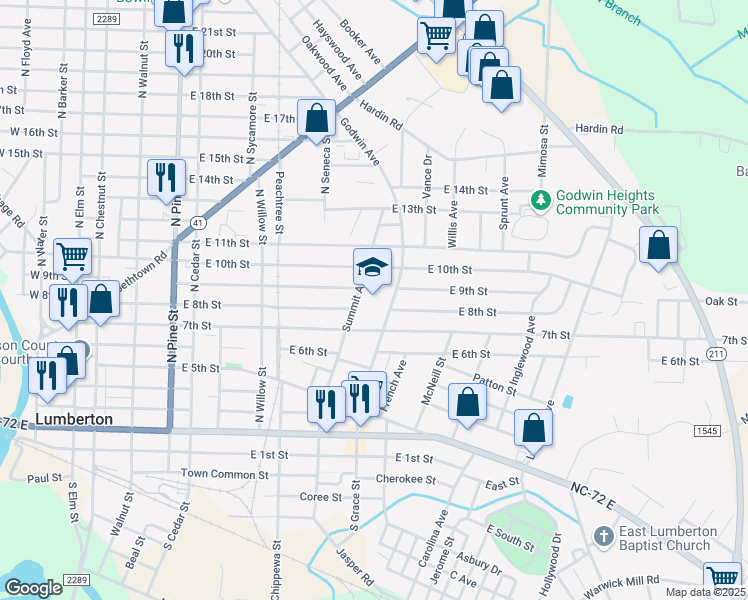 map of restaurants, bars, coffee shops, grocery stores, and more near 701 Godwin Avenue in Lumberton