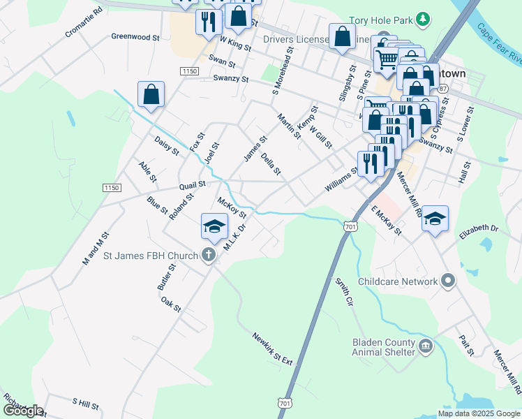 map of restaurants, bars, coffee shops, grocery stores, and more near 1011 Martin Luther King Drive in Elizabethtown