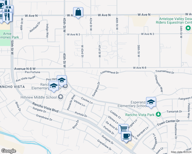 map of restaurants, bars, coffee shops, grocery stores, and more near 4108 Club Vista Drive in Palmdale