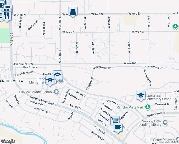 map of restaurants, bars, coffee shops, grocery stores, and more near 4108 Club Vista Drive in Palmdale