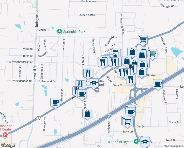 map of restaurants, bars, coffee shops, grocery stores, and more near 1204 Sunset Gardens East in Bryant