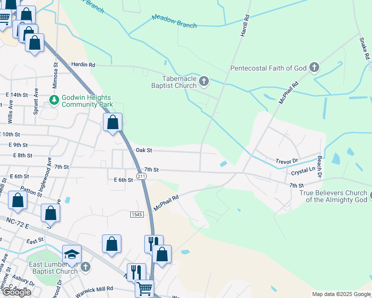 map of restaurants, bars, coffee shops, grocery stores, and more near 2411 Oak Street in Lumberton