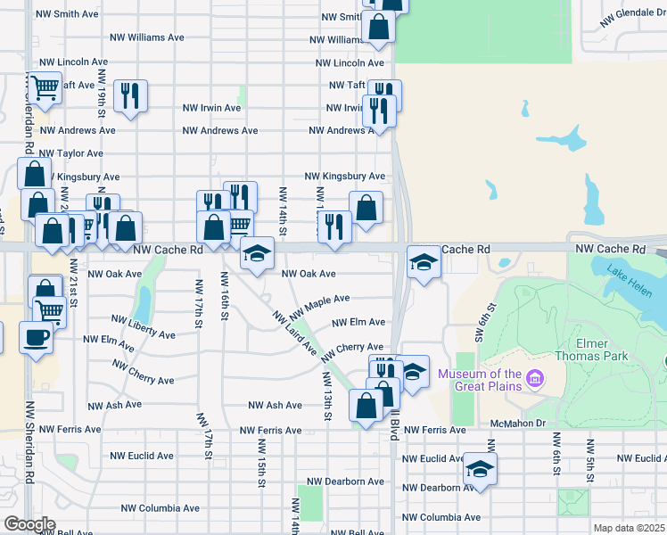 map of restaurants, bars, coffee shops, grocery stores, and more near 1131 Northwest Oak Avenue in Lawton