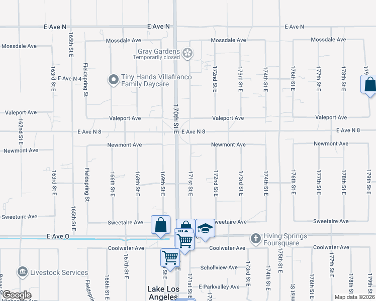 map of restaurants, bars, coffee shops, grocery stores, and more near 40719 171st Street East in Lake Los Angeles