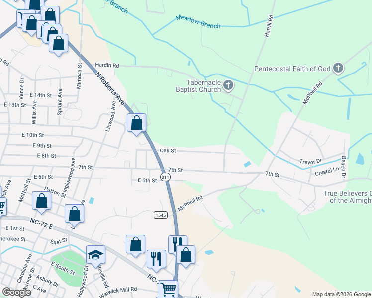 map of restaurants, bars, coffee shops, grocery stores, and more near 2301 Oak Street in Lumberton