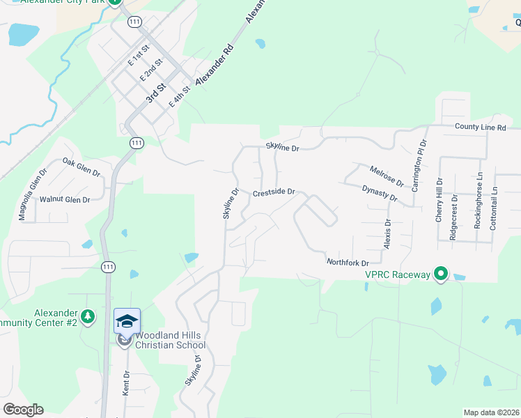map of restaurants, bars, coffee shops, grocery stores, and more near 4010 Crestside Drive in Alexander