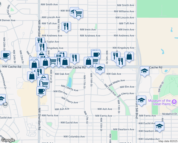 map of restaurants, bars, coffee shops, grocery stores, and more near 772 Northwest 16th Street in Lawton