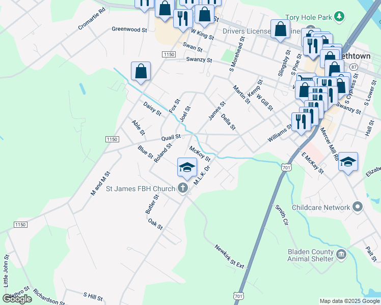 map of restaurants, bars, coffee shops, grocery stores, and more near 322 McKoy Street in Elizabethtown