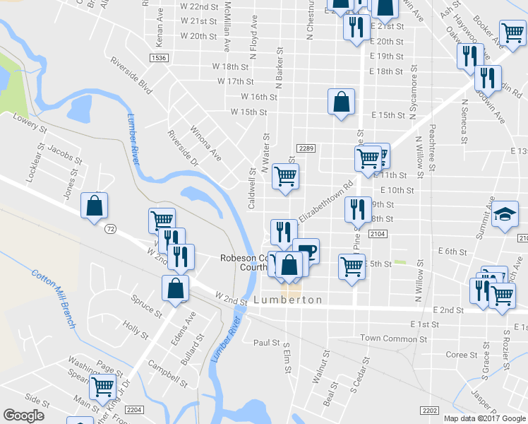map of restaurants, bars, coffee shops, grocery stores, and more near North Water Street in Lumberton