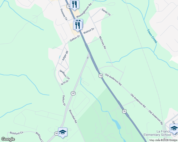 map of restaurants, bars, coffee shops, grocery stores, and more near 7300 U.S. 76 in Pendleton