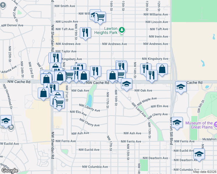 map of restaurants, bars, coffee shops, grocery stores, and more near 1702 Northwest Cache Road in Lawton