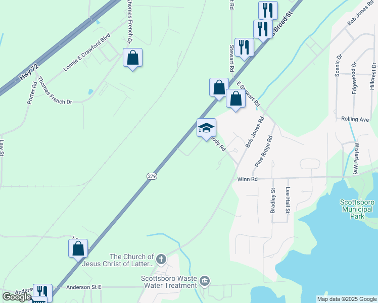 map of restaurants, bars, coffee shops, grocery stores, and more near 3707 South Broad Street in Scottsboro