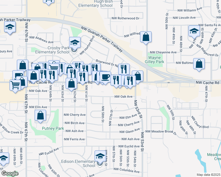 map of restaurants, bars, coffee shops, grocery stores, and more near 5366 Northwest Cache Road in Lawton