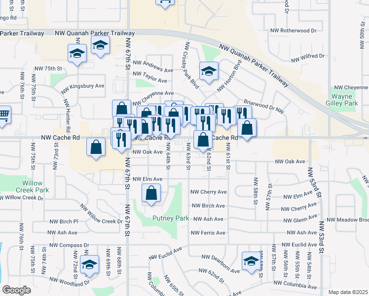map of restaurants, bars, coffee shops, grocery stores, and more near 6312 Northwest Cache Road in Lawton