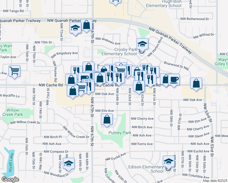 map of restaurants, bars, coffee shops, grocery stores, and more near 6410 Northwest Cache Road in Lawton
