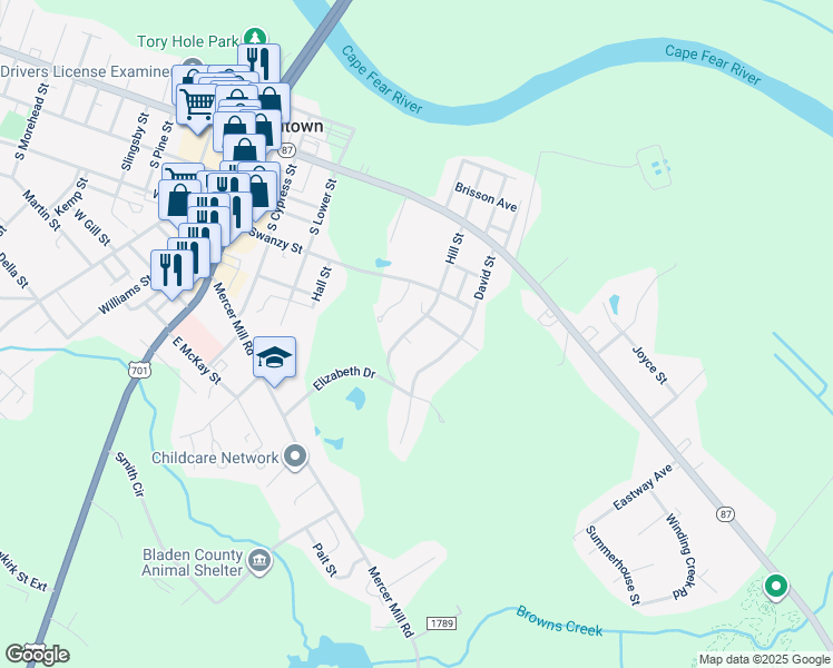 map of restaurants, bars, coffee shops, grocery stores, and more near 407 Hill Street in Elizabethtown