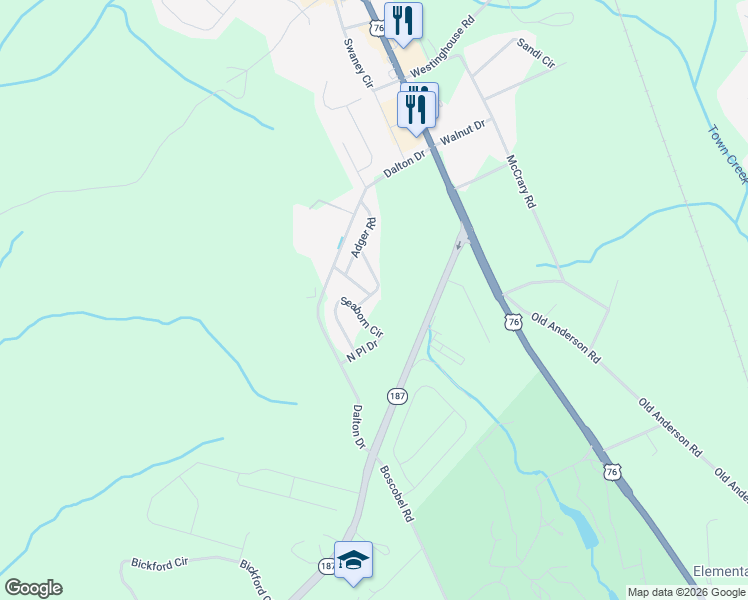 map of restaurants, bars, coffee shops, grocery stores, and more near 146 Adger Road in Pendleton