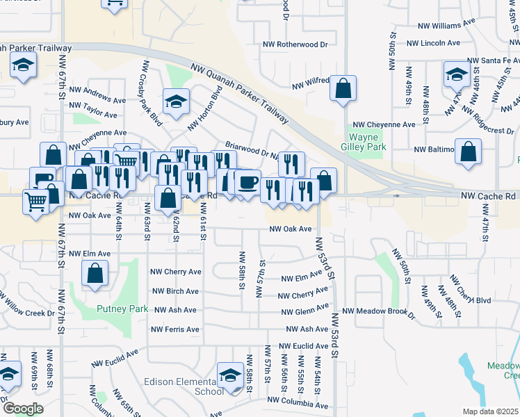 map of restaurants, bars, coffee shops, grocery stores, and more near 5344 Northwest Cache Road in Lawton