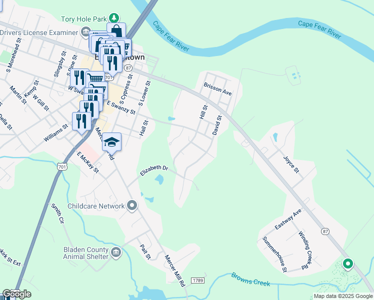 map of restaurants, bars, coffee shops, grocery stores, and more near 407 Hill Street in Elizabethtown