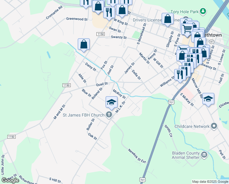 map of restaurants, bars, coffee shops, grocery stores, and more near McKoy Street in Elizabethtown
