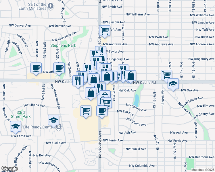 map of restaurants, bars, coffee shops, grocery stores, and more near 2112 Northwest Cache Road in Lawton
