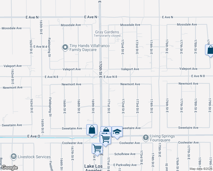 map of restaurants, bars, coffee shops, grocery stores, and more near 40729 171st Street East in Lake Los Angeles