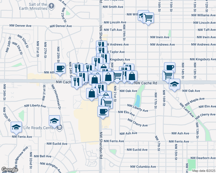 map of restaurants, bars, coffee shops, grocery stores, and more near 2112 Northwest Cache Road in Lawton