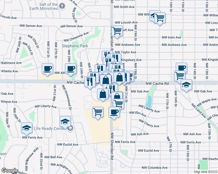 map of restaurants, bars, coffee shops, grocery stores, and more near 1322 Northwest Sheridan Road in Lawton