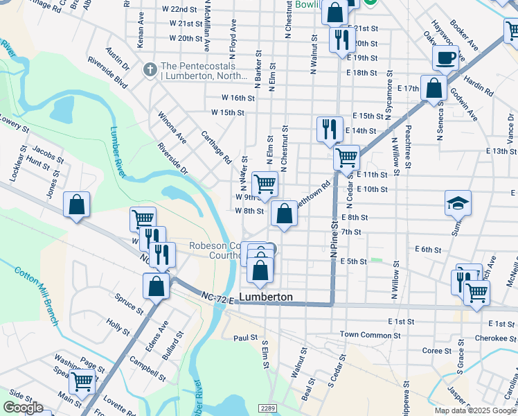 map of restaurants, bars, coffee shops, grocery stores, and more near 108 West 8th Street in Lumberton