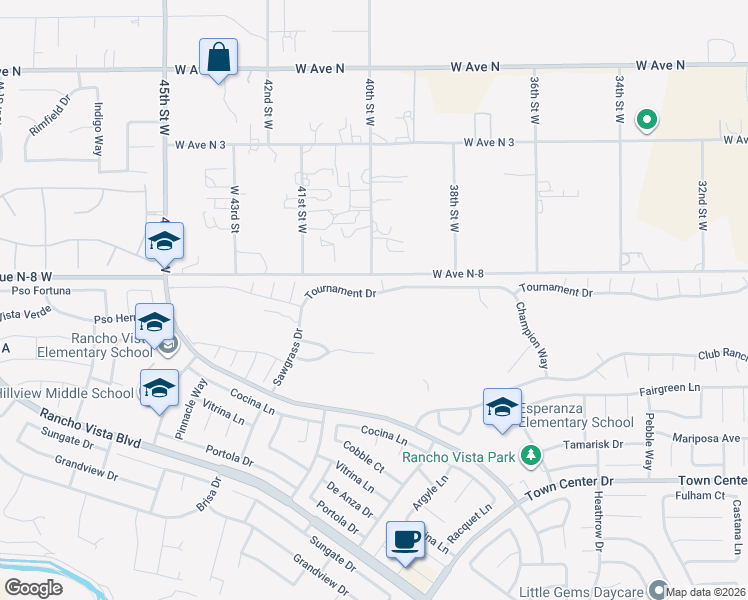 map of restaurants, bars, coffee shops, grocery stores, and more near 3958 Tournament Drive in Palmdale