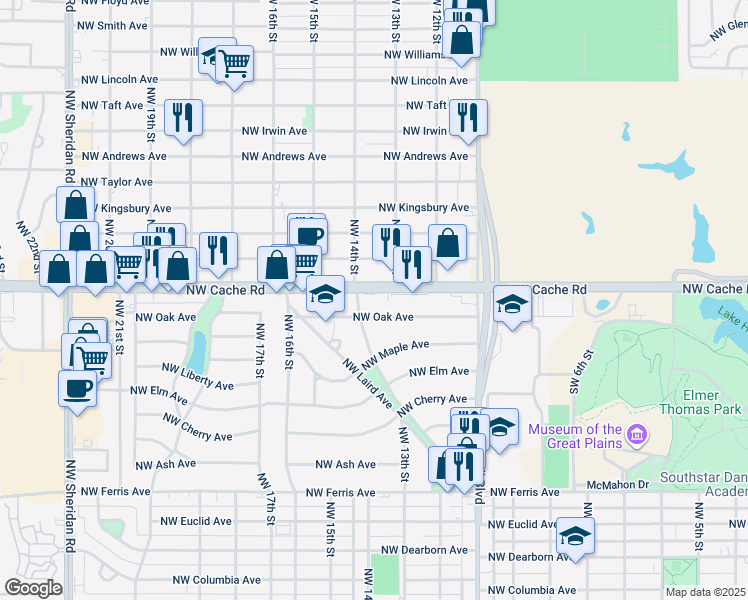 map of restaurants, bars, coffee shops, grocery stores, and more near 1299 Northwest Cache Road in Lawton