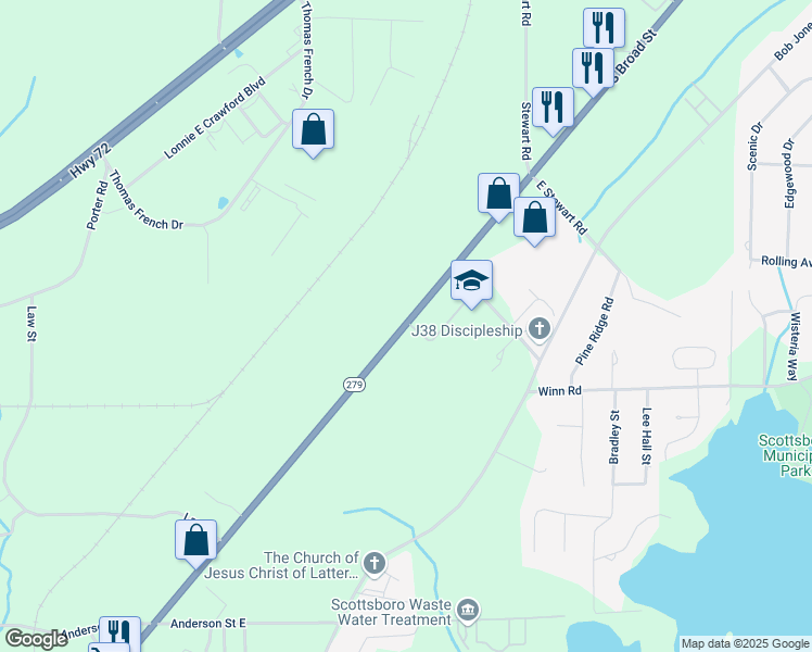 map of restaurants, bars, coffee shops, grocery stores, and more near 3707 South Broad Street in Scottsboro