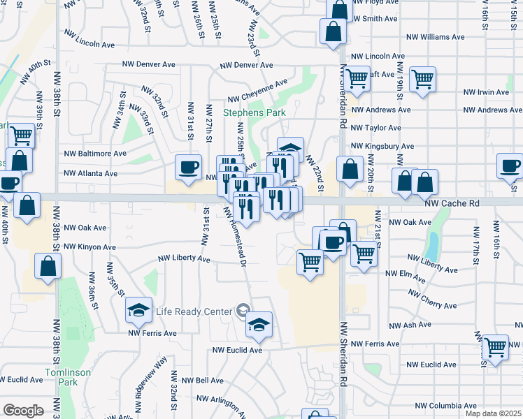 map of restaurants, bars, coffee shops, grocery stores, and more near 2510-2512 Northwest Cache Road in Lawton