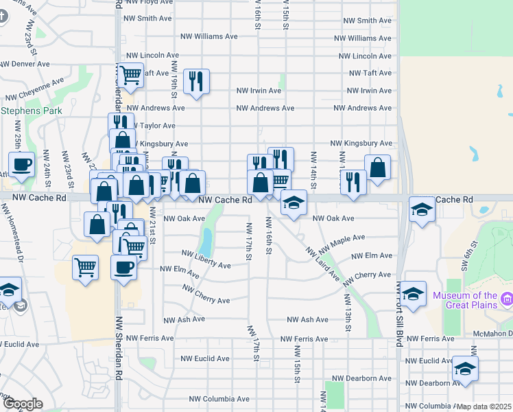 map of restaurants, bars, coffee shops, grocery stores, and more near 1702 Northwest Cache Road in Lawton