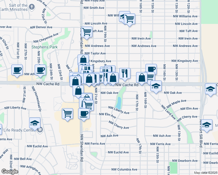 map of restaurants, bars, coffee shops, grocery stores, and more near 1916 Northwest Cache Road in Lawton