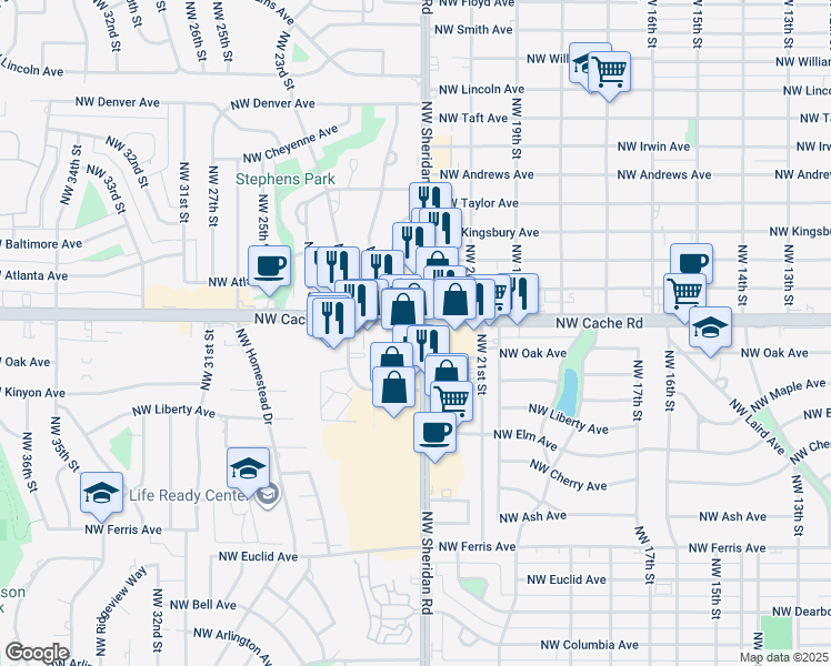map of restaurants, bars, coffee shops, grocery stores, and more near 1322 Northwest Sheridan Road in Lawton