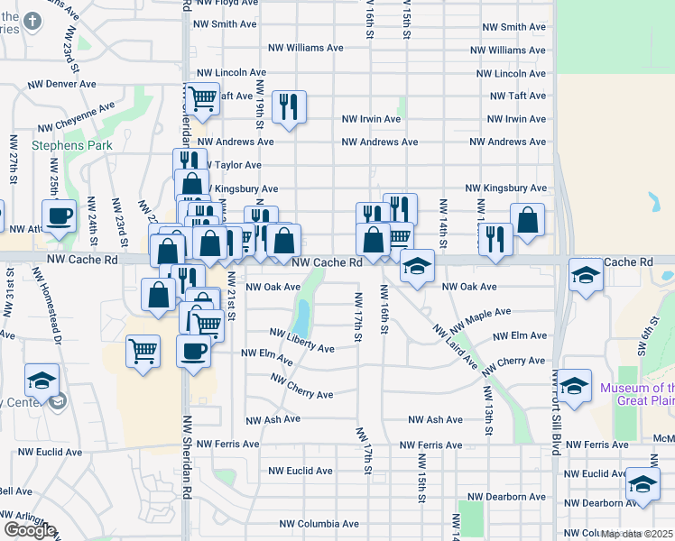 map of restaurants, bars, coffee shops, grocery stores, and more near 1718 Northwest Cache Road in Lawton