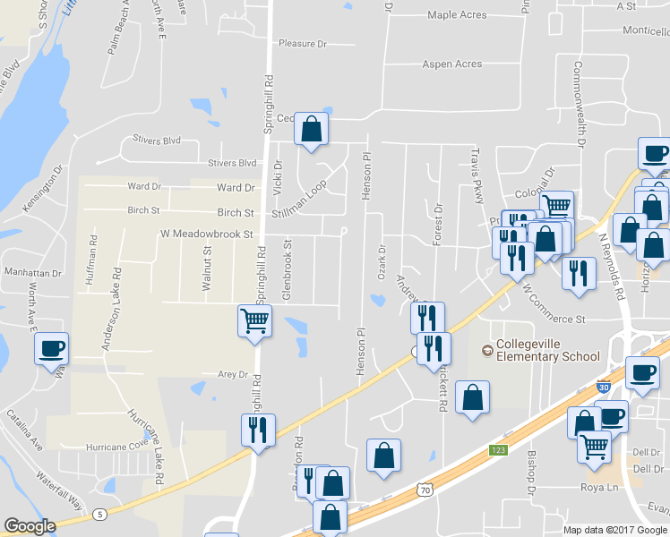 map of restaurants, bars, coffee shops, grocery stores, and more near 3019 Whistling Pine Street in Bryant