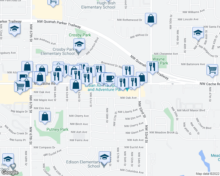 map of restaurants, bars, coffee shops, grocery stores, and more near 5366 Northwest Cache Road in Lawton