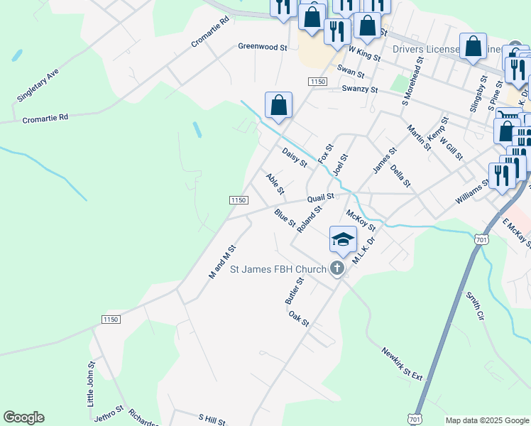 map of restaurants, bars, coffee shops, grocery stores, and more near 1103 Quail Street in Elizabethtown