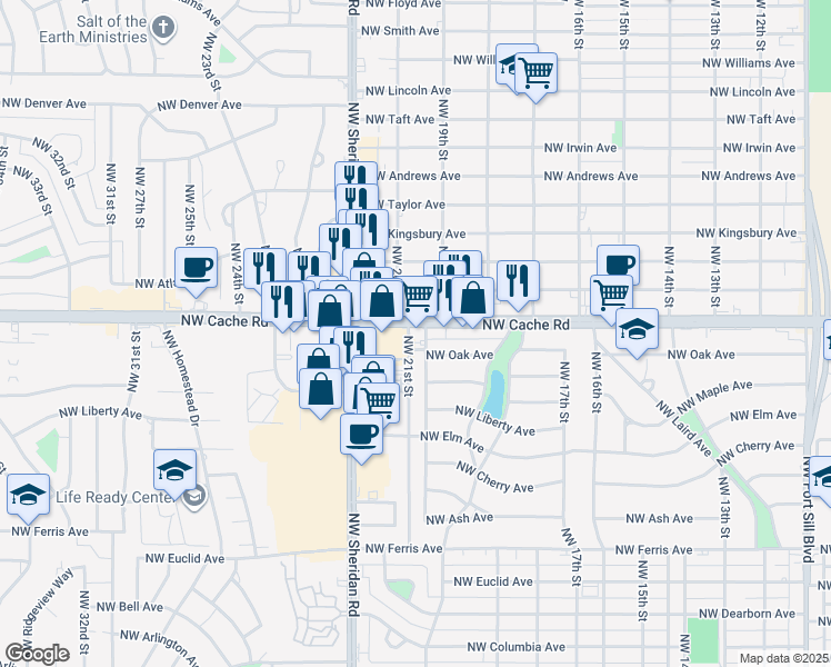 map of restaurants, bars, coffee shops, grocery stores, and more near 2002 Northwest Cache Road in Lawton