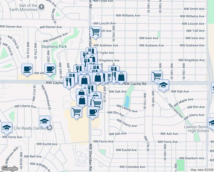 map of restaurants, bars, coffee shops, grocery stores, and more near 2002 Northwest Cache Road in Lawton