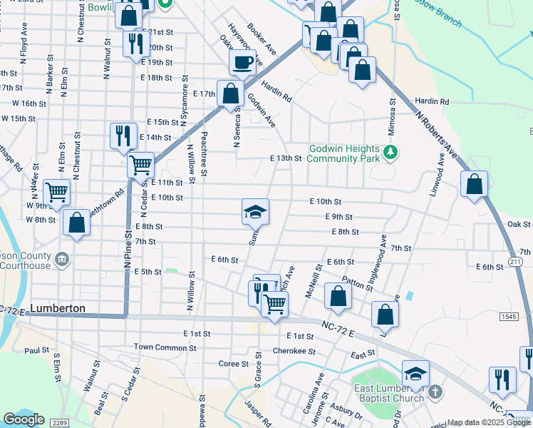 map of restaurants, bars, coffee shops, grocery stores, and more near 701 Godwin Avenue in Lumberton