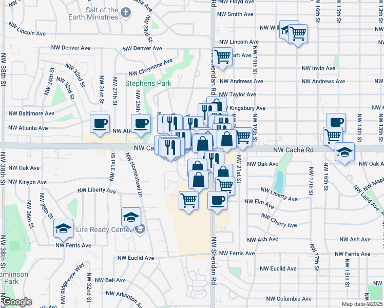map of restaurants, bars, coffee shops, grocery stores, and more near 1316 Northwest 24th Street in Lawton