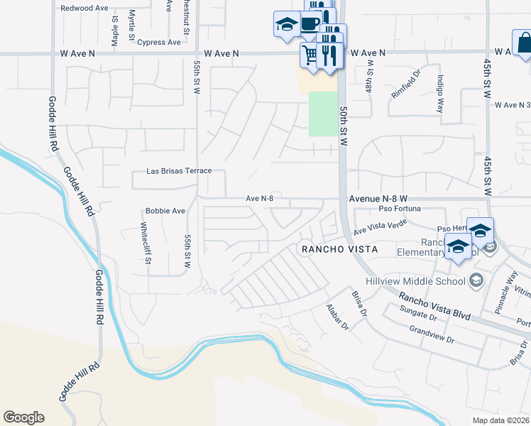 map of restaurants, bars, coffee shops, grocery stores, and more near 5163 Meadowsweet Drive in Palmdale