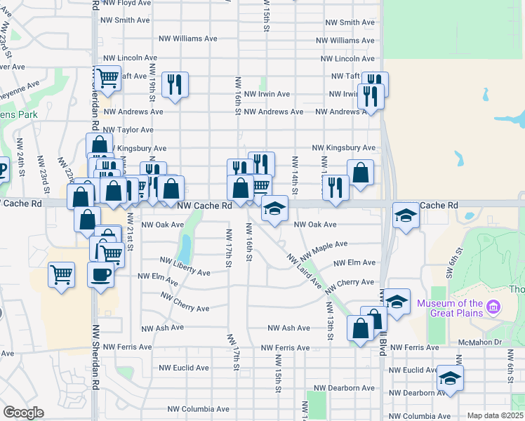 map of restaurants, bars, coffee shops, grocery stores, and more near 1224 Northwest Cache Road in Lawton